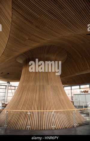 A general view of interior woodwork on the ceiling and funnel of the Senedd, home of the Welsh Assembly, in Cardiff Bay, South Wales, UK. Stock Photo