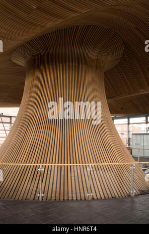 A general view of interior woodwork on the ceiling and funnel of the Senedd, home of the Welsh Assembly, in Cardiff Bay, South Wales, UK. Stock Photo