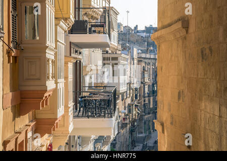 Valletta, Malta - Traditional houses and balconies of Valletta Stock Photo