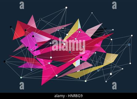 Abstract 3D triangles vector geometric background. Lines connected with dots, low polygon design Stock Vector