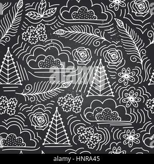 vector seamless pattern with peacock feathers, flowers and clouds Stock Vector