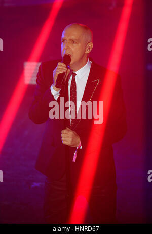 Neil Tennant from The Pet Shop Boys performing during the VO5 NME Awards 2017 held at the O2 Brixton Academy, London. Stock Photo