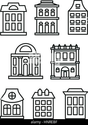 Isolated black and white color low-rise municipal houses in lineart style icons collection, elements of urban architectural buildings vector illustrations set. Stock Vector