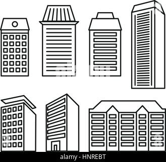 Isolated black and white color blocks of flats and low-rise houses in lineart style icons collection, elements of urban architectural buildings vector illustrations set. Stock Vector
