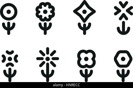 Isolated black and white color simple flat flowers contour in lineart style set. Stock Vector