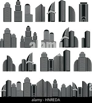 Isolated black and white color skyscrapers in lineart style icons collection, cityscape of architectural buildings vector illustrations set. Stock Vector