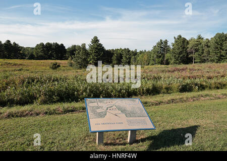 Tourist information sign overlooking the location of the Asa Chatfield Farm, Saratoga National Historical Park, Stillwater, New York, United States. Stock Photo