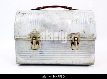 Vintage silver metal lunch pail. Isolated. Stock Photo