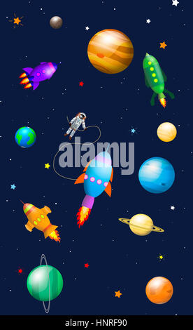 Whimsical, cartoon spacey scene with rockets and planets, suitable for children. Stock Photo