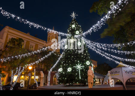 CHRISTMAS TREE DECORATIONS ALCALDIA CITY HALL PLAZA DE ARMAS OLD TOWN SAN JUAN PUERTO RICO Stock Photo