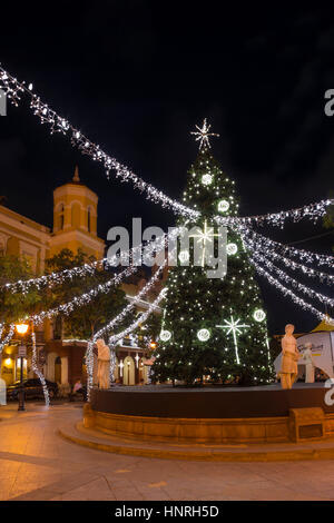 CHRISTMAS TREE DECORATIONS ALCALDIA CITY HALL PLAZA DE ARMAS OLD TOWN SAN JUAN PUERTO RICO Stock Photo