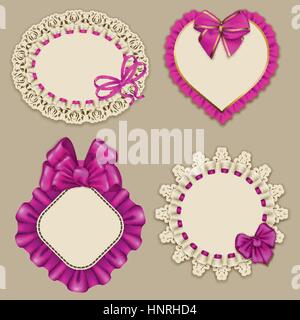 Set of elegant templates ornate frames for design luxury invitation, gift, greeting card, postcard with lace ornament, ruffles, pink bows, ribbons, pl Stock Vector