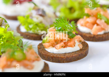 Tasty fish finger food  with smoked salmon tartar on horseradish, trout mousse with cranberries and herring salad on pumpernickel bread Stock Photo