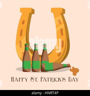 happy st patricks day golden horseshoe and bottle beer vector illustration eps 10 Stock Vector