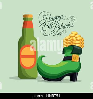 happy st patricks day bottle beer and boot coins vector illustration eps 10 Stock Vector