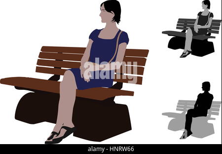 Casual woman sitting a bench in Park Stock Photo