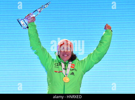 German athlete Laura Dahlmeier on the victors' podium with her gold ...