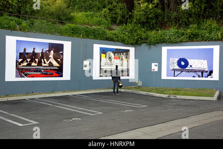 Los Angeles, USA. 14th February 2017. New installation of outdoor art exhibit at the West Hollywood parking lot on the Sunset Strip in Los Angeles featuring Robert Landau's photos documenting the classic hand-painted rock billboards from the 1960s and 70s. Credit: Robert Landau/Alamy Live News Stock Photo