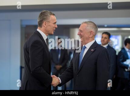 Brussels, Belgium. 15th Feb, 2017. U.S. Secretary of Defense Jim Mattis greets NATO Secretary General Jens Stoltenberg prior to their bilateral meeting at NATO Headquarters February 15, 2017 in Brussels, Belgium. Mattis in his speech to NATO defense ministers, echoed President Trump's call for European allies to spend more on their militaries and emphasized that American contributions to the alliance will be linked to what other countries spend. Credit: Planetpix/Alamy Live News Stock Photo