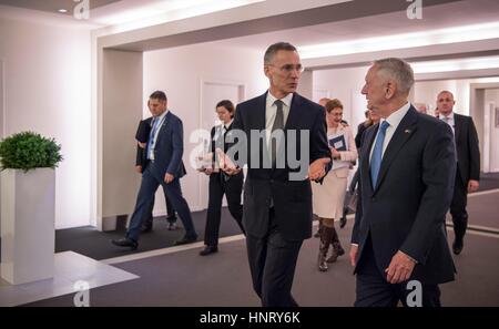 Brussels, Belgium. 15th Feb, 2017. U.S. Secretary of Defense Jim Mattis walks with NATO Secretary General Jens Stoltenberg prior to their bilateral meeting at NATO Headquarters February 15, 2017 in Brussels, Belgium. Mattis in his speech to NATO defense ministers, echoed President Trump's call for European allies to spend more on their militaries and emphasized that American contributions to the alliance will be linked to what other countries spend. Credit: Planetpix/Alamy Live News Stock Photo