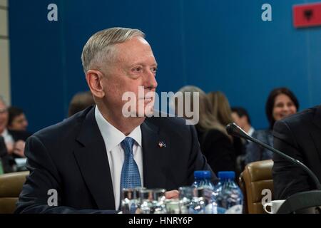 Brussels, Belgium. 15th Feb, 2017. U.S. Secretary of Defense Jim Mattis during the North Atlantic Council meeting at NATO Headquarters February 15, 2017 in Brussels, Belgium. Mattis in his speech to NATO defense ministers, echoed President Trump's call for European allies to spend more on their militaries and emphasized that American contributions to the alliance will be linked to what other countries spend. Credit: Planetpix/Alamy Live News Stock Photo