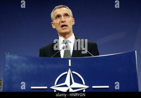 Brussels, Belgium. 15th Feb, 2017. NATO Secretary General Jens Stoltenberg addresses a press conference during a NATO Defense Ministers Meeting at its headquarters in Brussels, Belgium, on Feb. 15, 2017. Credit: Ye Pingfan/Xinhua/Alamy Live News Stock Photo