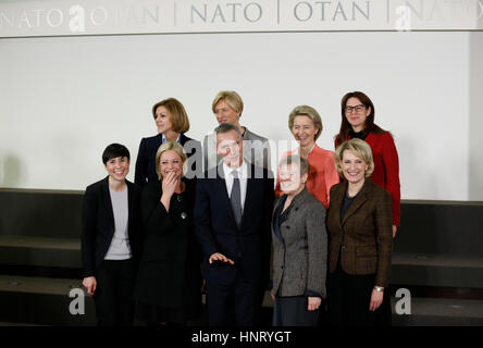 (170215) -- BRUSSELS, Feb. 15, 2017 (Xinhua) -- Norwegian Defense Minister Ine Eriksen Soreide, Dutch Defense Minister Jeanine Hennis-Plasschaert, NATO Secretary General Jens Stoltenberg, NATO Deputy Secretary General Rose Gottemoeller and Albanian Defense Minister Mimi Kodheli (L-R, front), Spanish Defense Minister Maria Dolores de Cospedal, Italian Defense Minister Roberta Pinotti, German Defense Minister Ursula von der Leyen and Slovenian Defense Minister Andreja Katic (L-R, rear) pose for a photograph during a NATO Defense Ministers meeting at its headquarters in Brussels, Belgium, on Feb. Stock Photo