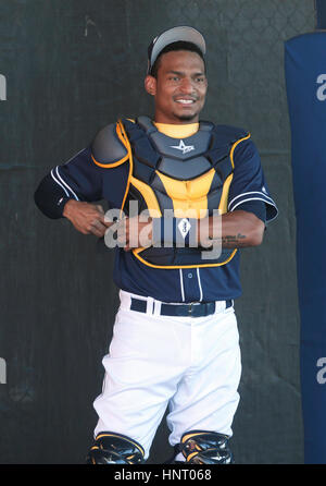 San Diego Padres bullpen catcher/instructor Justin Hatcher throws batting  practice before the baseball game against the San Francisco Giants Monday,  Aug. 28, 2017, in San Diego. (AP Photo/Orlando Ramirez Stock Photo 