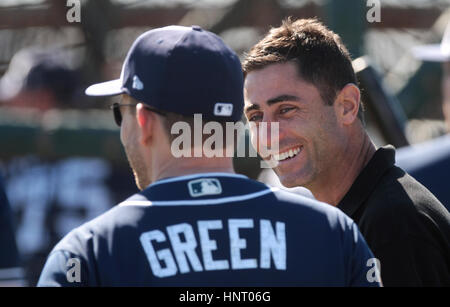 Peoria, ARIZONA, USA. 15th Feb, 2017. PEORIA, February 15, 2017 | Padres manager Andy Green and Padres general manager A. J. Preller talk during the first official workout for catchers and pitchers at the Peoria Sports Complex in Peoria, Arizona on Wednesday. | Photo by Hayne Palmour IV/San Diego Union-Tribune/Mandatory Credit: HAYNE PALMOUR IV/SAN DIEGO UNION-TRIBUNE/ZUMA PRESS San Diego Union-Tribune Photo by Hayne Palmour IV copyright 2016 Credit: Hayne Palmour Iv/San Diego Union-Tribune/ZUMA Wire/Alamy Live News Stock Photo