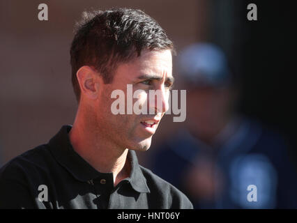 Peoria, ARIZONA, USA. 15th Feb, 2017. PEORIA, February 15, 2017 | Padres general manager A. J. Preller watches pitchers throw in the bullpen during the first official workout for catchers and pitchers at the Peoria Sports Complex in Peoria, Arizona on Wednesday. | Photo by Hayne Palmour IV/San Diego Union-Tribune/Mandatory Credit: HAYNE PALMOUR IV/SAN DIEGO UNION-TRIBUNE/ZUMA PRESS San Diego Union-Tribune Photo by Hayne Palmour IV copyright 2016 Credit: Hayne Palmour Iv/San Diego Union-Tribune/ZUMA Wire/Alamy Live News Stock Photo