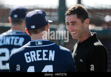 Peoria, ARIZONA, USA. 15th Feb, 2017. PEORIA, February 15, 2017 | Padres manager Andy Green and Padres general manager A. J. Preller talk during the first official workout for catchers and pitchers at the Peoria Sports Complex in Peoria, Arizona on Wednesday. | Photo by Hayne Palmour IV/San Diego Union-Tribune/Mandatory Credit: HAYNE PALMOUR IV/SAN DIEGO UNION-TRIBUNE/ZUMA PRESS San Diego Union-Tribune Photo by Hayne Palmour IV copyright 2016 Credit: Hayne Palmour Iv/San Diego Union-Tribune/ZUMA Wire/Alamy Live News Stock Photo