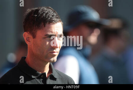 Peoria, ARIZONA, USA. 15th Feb, 2017. PEORIA, February 15, 2017 | Padres general manager A. J. Preller watches pitchers throw in the bullpen during the first official workout for catchers and pitchers at the Peoria Sports Complex in Peoria, Arizona on Wednesday. | Photo by Hayne Palmour IV/San Diego Union-Tribune/Mandatory Credit: HAYNE PALMOUR IV/SAN DIEGO UNION-TRIBUNE/ZUMA PRESS San Diego Union-Tribune Photo by Hayne Palmour IV copyright 2016 Credit: Hayne Palmour Iv/San Diego Union-Tribune/ZUMA Wire/Alamy Live News Stock Photo