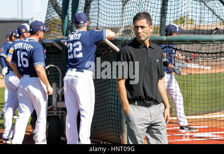 Peoria, ARIZONA, USA. 15th Feb, 2017. PEORIA, February 15, 2017 | Padres general manager A. J. Preller walks past as pitchers and catchers bat during the first official workout for catchers and pitchers at the Peoria Sports Complex in Peoria, Arizona on Wednesday. | Photo by Hayne Palmour IV/San Diego Union-Tribune/Mandatory Credit: HAYNE PALMOUR IV/SAN DIEGO UNION-TRIBUNE/ZUMA PRESS San Diego Union-Tribune Photo by Hayne Palmour IV copyright 2016 Credit: Hayne Palmour Iv/San Diego Union-Tribune/ZUMA Wire/Alamy Live News Stock Photo