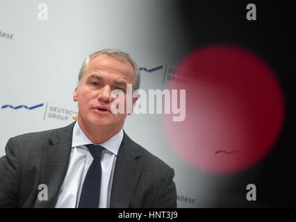 The CEO of the German equity trading firm Deutsche Börse AG Carsten Kengeter at a press conference at which the firm's annual figures were made public in Frankfurt am Main, Germany, 16 February 2017. Kengeter has been accused of insider trading and is currently under investigation. Photo: Arne Dedert/dpa Stock Photo