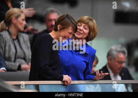 Berlin, Germany. 12th Feb, 2017. Elke Büdenbender (L), the wife of the presidential candidate Frank-Walter Steinmeier, with Daniela Schadt, the partner of the outgoing German president Joachim Gauck, in the Bundestag during the election of the next German president in Berlin, Germany, 12 February 2017. The federal assembly convened at midday on Sunday for the election of the new president. Photo: Ralf Hirschberger/dpa/Alamy Live News Stock Photo