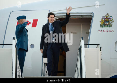 Berlin, Germany. 16th Feb, 2017. Canada's Prime Minister Justin Trudeau arrives at the military part of Tegel airport for a three-day state visit in Berlin, Germany, 16 February 2017. Photo: Gregor Fischer/dpa/Alamy Live News