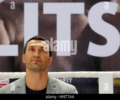 Cologne, Germany. 16th Feb, 2017. Wladimir Klitschko speaks during a press conference in Cologne, Germany, 16 February 2017. Wladimir Klitschko and world champion Anthony Joshua will fight for the IBF title on 29 April 2017 in London, England. Photo: Roland Weihrauch/dpa/Alamy Live News Stock Photo