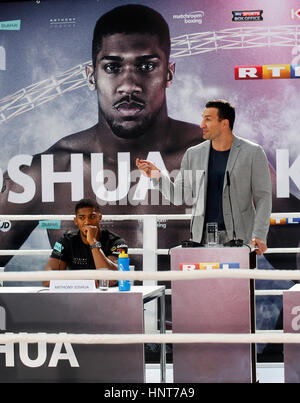 Cologne, Germany. 16th Feb, 2017. Wladimir Klitschko (r) and Anthony Joshua, photographed during a press conference in Cologne, Germany, 16 February 2017. Wladimir Klitschko and world champion Anthony Joshua will fight for the IBF title on 29 April 2017 in London, England. Photo: Roland Weihrauch/dpa/Alamy Live News Stock Photo