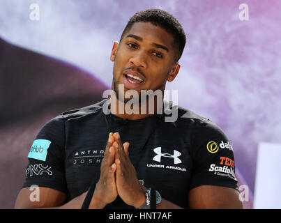 Cologne, Germany. 16th Feb, 2017. Anthony Joshua speaks during a press conference in Cologne, Germany, 16 February 2017. Wladimir Klitschko and world champion Anthony Joshua will fight for the IBF title on 29 April 2017 in London, England. Photo: Roland Weihrauch/dpa/Alamy Live News Stock Photo