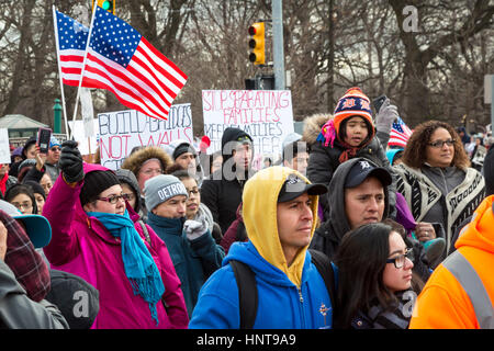 Detroit, Michigan, USA. 16th Feb, 2017. Hundreds of Mexican-Americans joined a rally and march on the 'Day Without Immigrants.' Businesses closed and immigrants did not go to work to highlight the role of immigrants in the community. Credit: Jim West/Alamy Live News Stock Photo