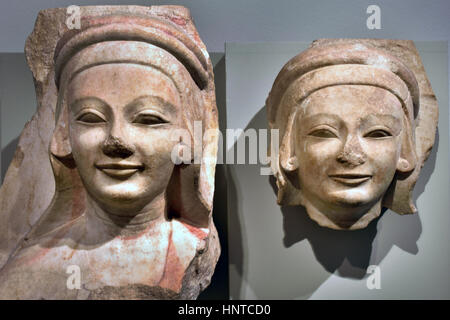 Fragment of a column caelata : Female relief head 540 BC Apollo Temple (Turkey / Didyma) Marble Height: 56 cm, head from column Greek, Stock Photo