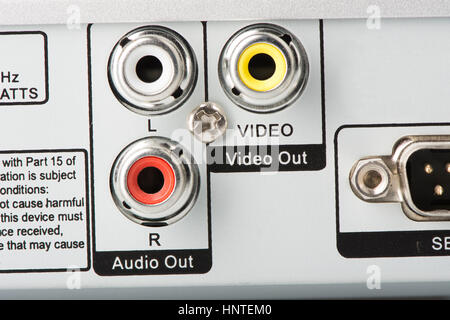 Audio and video sockets on the back of a stereo amplifier Stock Photo ...