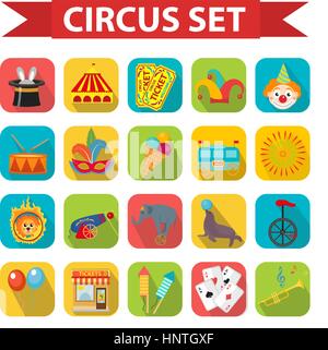 Circus icon set, flat, cartoon style. Set isolated on a white background with elephant, lion, Sealion, gun, clown, tickets. Design elements. Vector illustration, clip art. Stock Vector