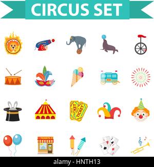 Circus icon set, flat, cartoon style. Set isolated on a white background with elephant, lion, Sealion, gun, clown, tickets. Design elements. Vector illustration, clip art. Stock Vector