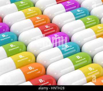 3d rendering of group B vitamin pills in rows Stock Photo