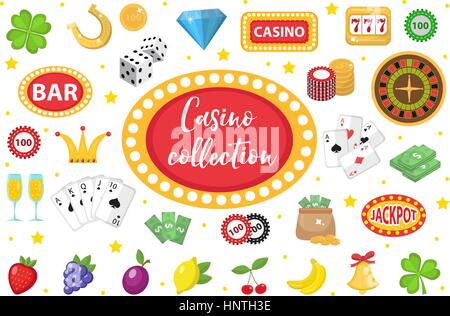 Casino Collection. Gambling set isolated on a white background. Poker, card games, one-armed bandit, roulette kit of design elements. flat style. Vector illustration, clip art. Stock Vector