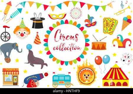 Circus Collection, flat, cartoon style. Set isolated on a white background. Kit with elephant, tent, lion, Sealion, gun, clown, tickets. Design elements. Vector illustration, clip art. Stock Vector