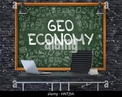 Chalkboard on the Office Wall with Geo Economy Concept. 3D. Stock Photo