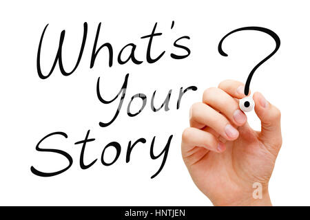 Hand writing What Is Your Story with black marker isolated on white. Stock Photo