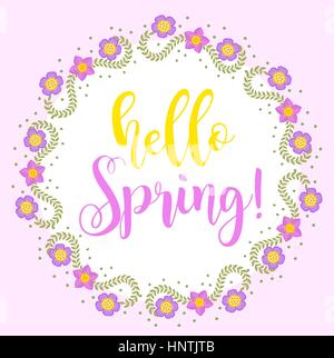 Hello Spring floral frame for text, isolated on white background. Spring template for your design, cards, invitations, posters. Vector illustration. Stock Vector